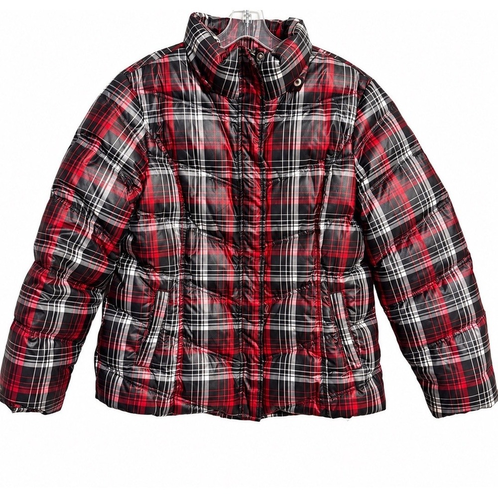 Tommy Hilfiger Down Feather Puffer Jacket XL Red Black Plaid Winter Coat Preppy